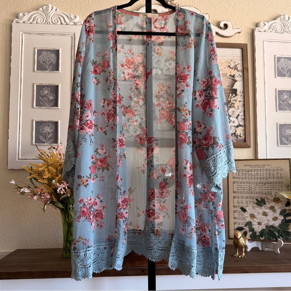 Floral Sheer Kimono Duster with Crochet Light Blue Pink Boho Layering Romantic - Picture 1 of 16